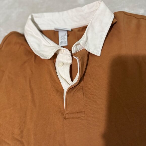 H&M Mens Regular Fit Rugby Shirt XXL Brown & White Long Sleeve Collared Top - Picture 9 of 13